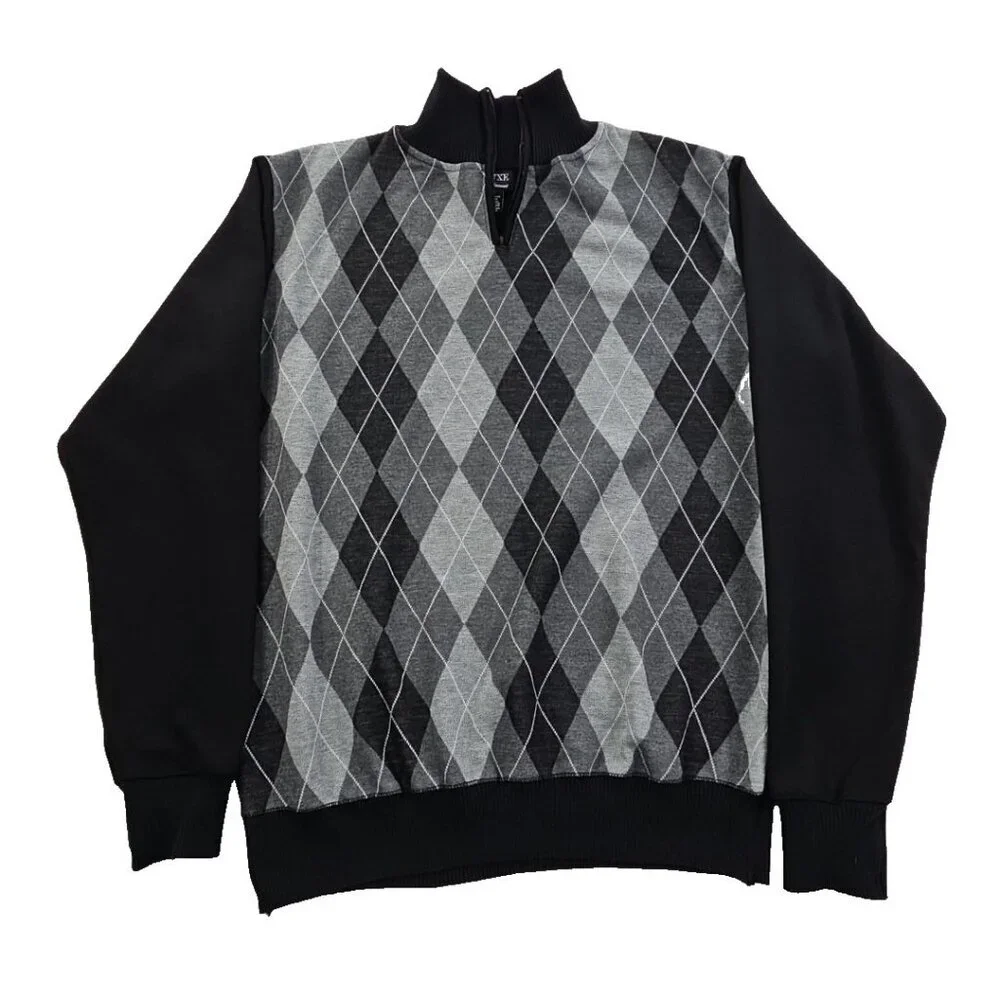 Deluxe Homme 1/4 Zip Pullover Sweater Men's XL Black & Gray‎ Harlequin Luxury